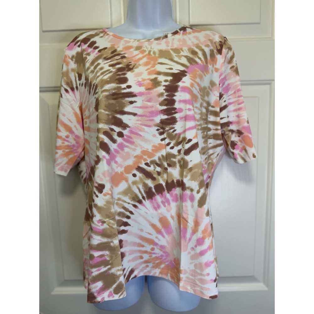 Lands’ End Rash Guard Swim Tee L Pink Brown Tie Dye UPF 50 Short Sleeve Crewneck